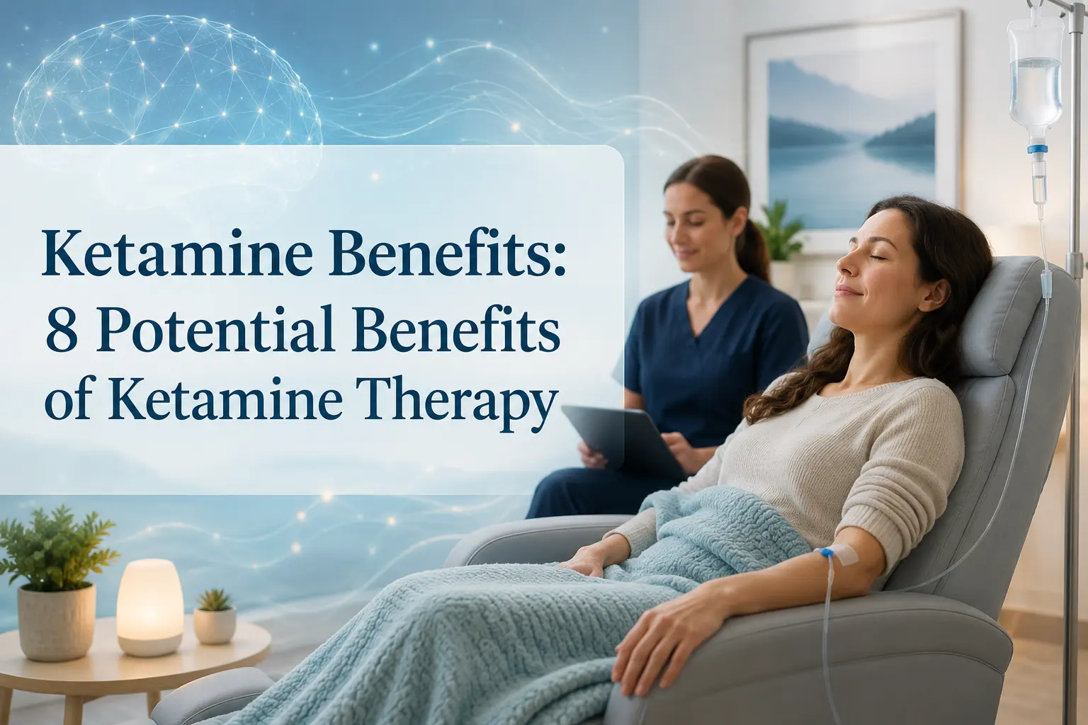 Woman relaxing in a treatment chair during a supervised IV infusion, with a nurse holding a tablet, an IV bag, a glowing brain illustration, and overlaid text reading “Ketamine Benefits: 8 Potential Benefits of Ketamine Therapy.”