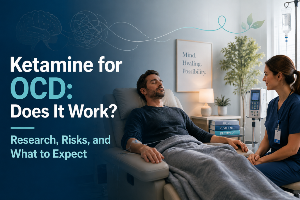 Horizontal graphic showing a man reclining during a ketamine IV infusion as a nurse monitors him, with brain and tangled-thought line art beside the article title.