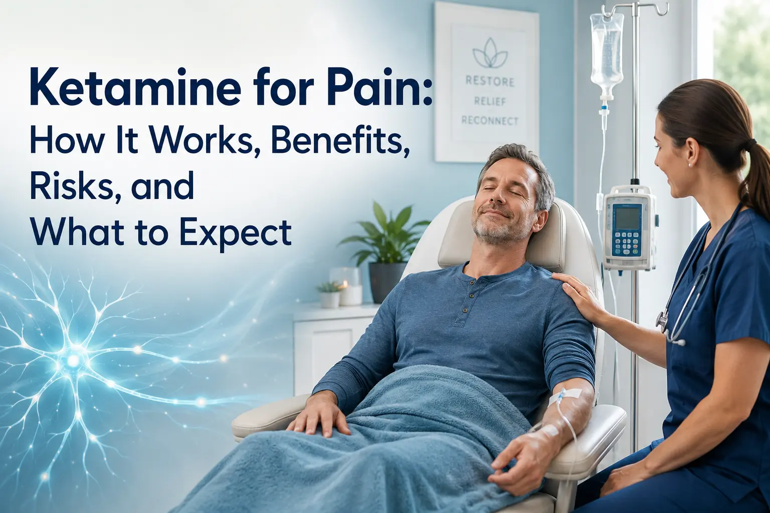 Middle-aged man resting in a clinic chair during an IV infusion while a nurse stands beside him, with a glowing neuron graphic and the title “Ketamine for Pain: How It Works, Benefits, Risks, and What to Expect.”