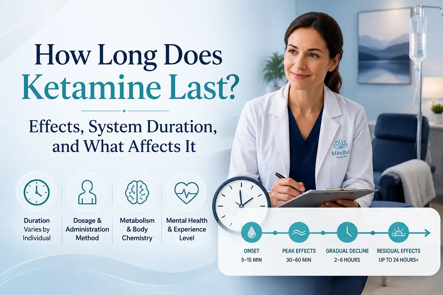 Doctor in a clinical setting beside a clock and treatment timeline, with text reading “How Long Does Ketamine Last? Effects, System Duration, and What Affects It.”