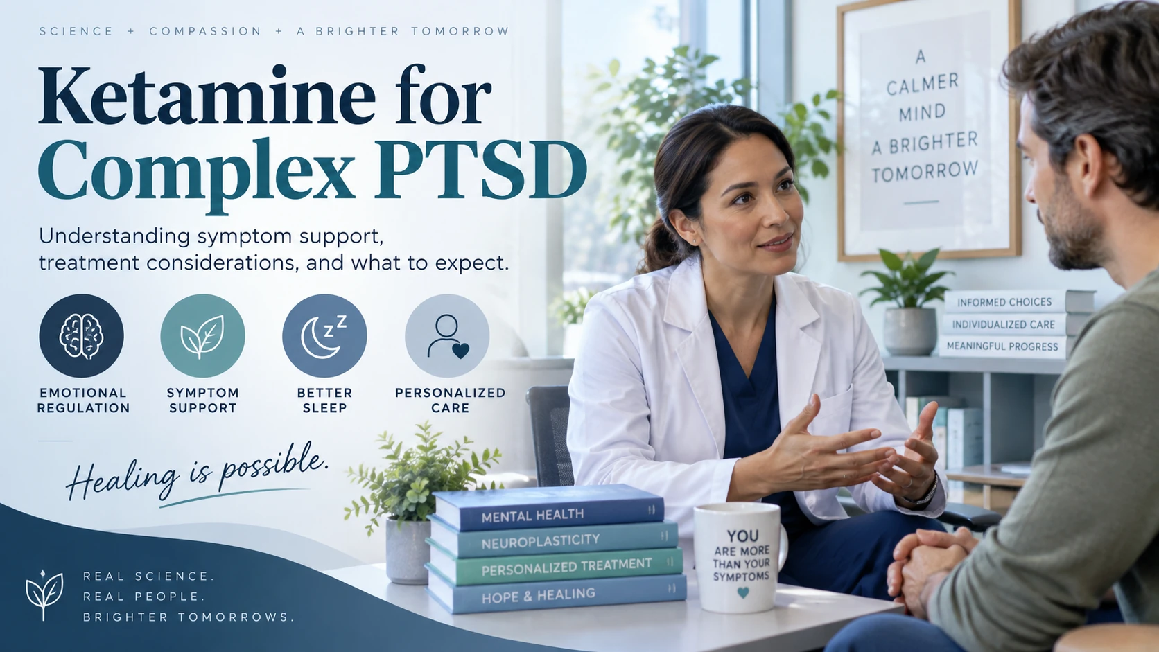 Doctor discussing ketamine treatment for complex PTSD with a patient, alongside icons for emotional regulation, symptom support, sleep, and personalized care, with text reading “Ketamine for Complex PTSD.”