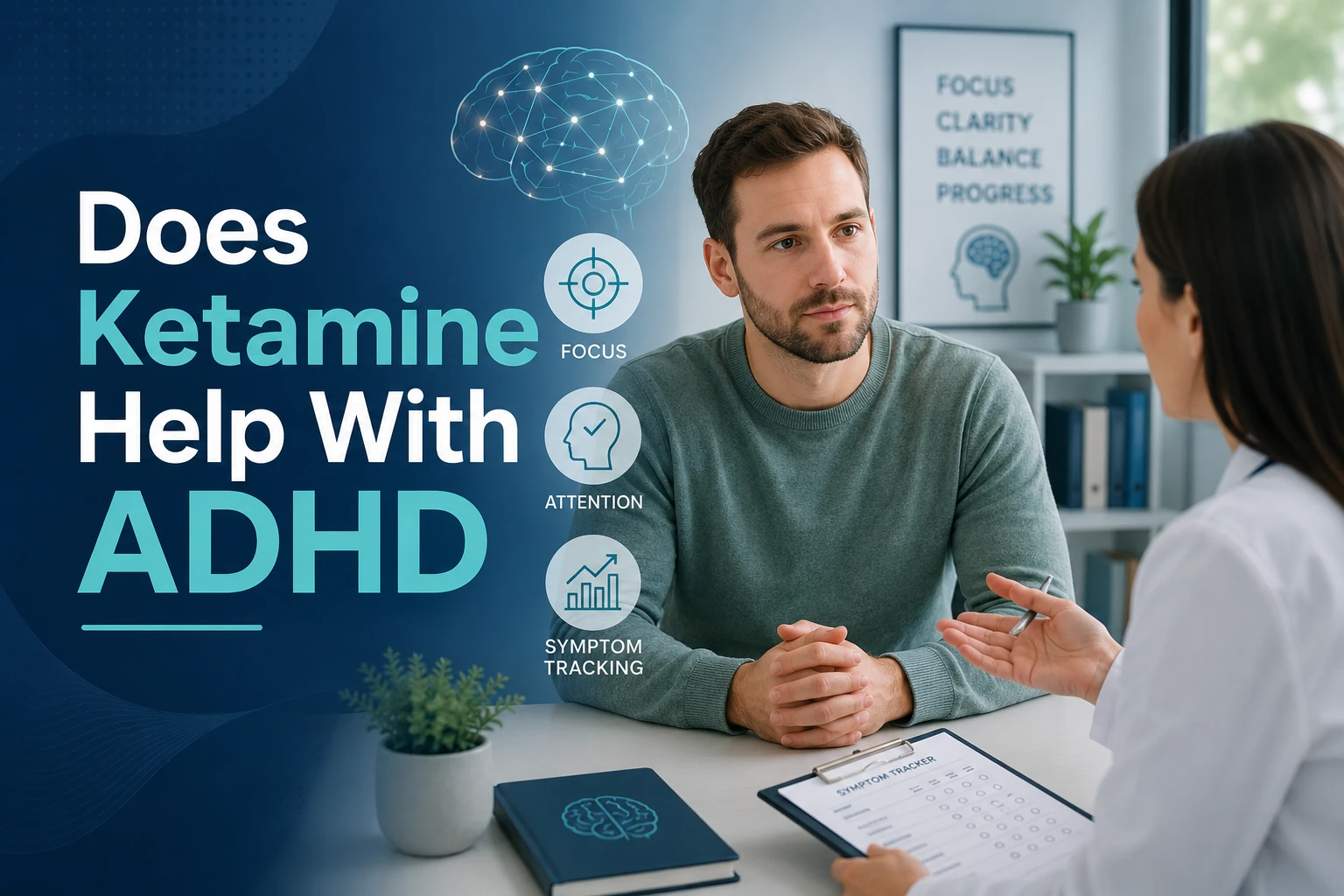 Man discussing ADHD symptoms with a healthcare provider beside brain, focus, attention, and symptom-tracking graphics, with text reading “Does Ketamine Help With ADHD?”