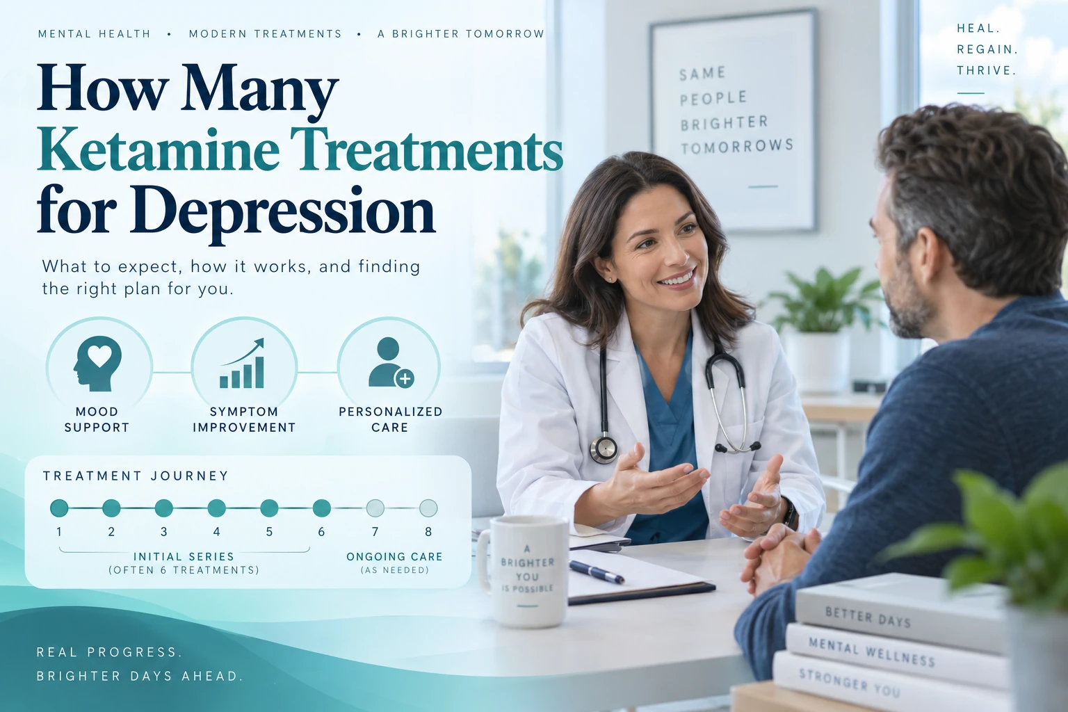 Doctor discussing a ketamine treatment plan for depression with a patient, alongside icons for mood support, symptom improvement, personalized care, and a treatment timeline.