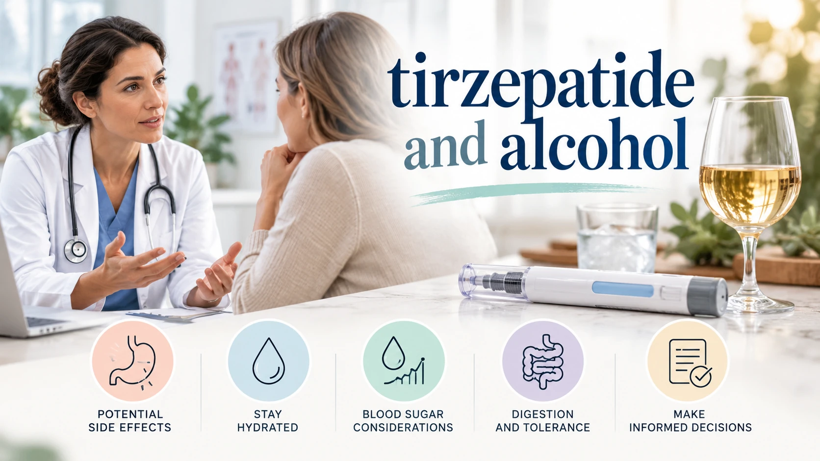 Woman discussing tirzepatide and alcohol use with a doctor, alongside an injection pen, wine glass, and icons for side effects, hydration, blood sugar, digestion, and informed decisions, with text reading “Tirzepatide and Alcohol.”
