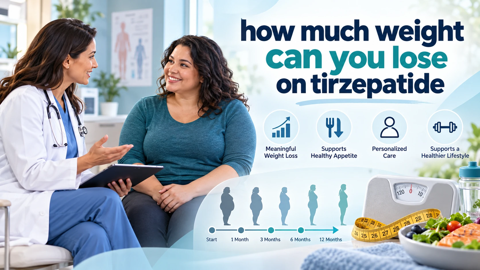 Woman discussing weight loss with a doctor, alongside a scale, measuring tape, healthy food, and a weight-loss progress timeline, with text reading “How Much Weight Can You Lose on Tirzepatide?”